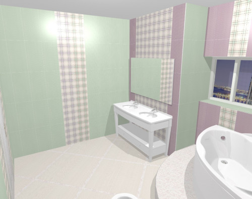 Клетка и фиолетово-зеленая пастель: ванная в современном стиле