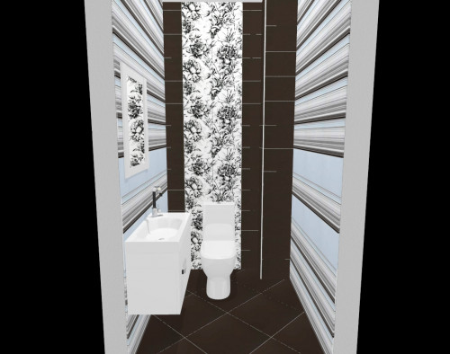 Оригинальный интерьер для туалета: черно-голубая полоска и цветы