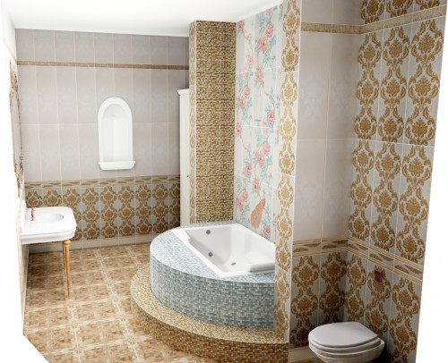 Просторная ванная в дворцовом стиле: беж, голубая мозаика и павлины в декоре
