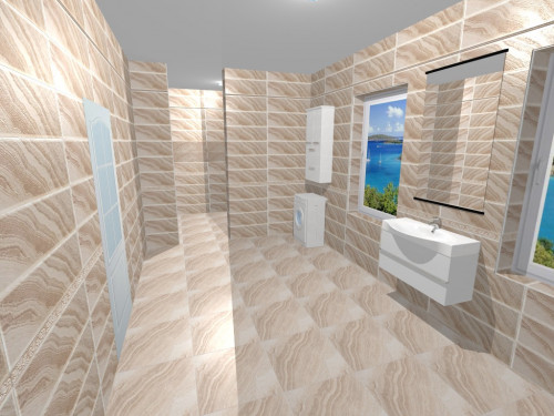 Роскошь бежевого мрамора: современный стиль в просторной ванной с душевой