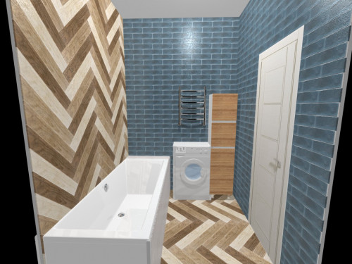 Сине-бирюзовая плитка и переливы бежевого «под дерево» в ванной комнате