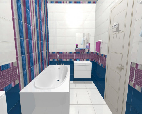Синий и бордовый: яркий полосатый интерьер в ванной