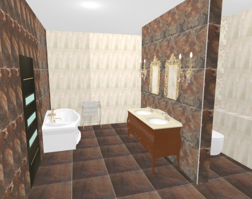 Современный вариант дворцового стиля в ванной: коричневый + молочный + орнамент