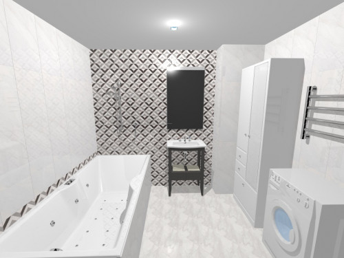 Светло-серый фон и черно-белый орнамент — современный стиль в ванной