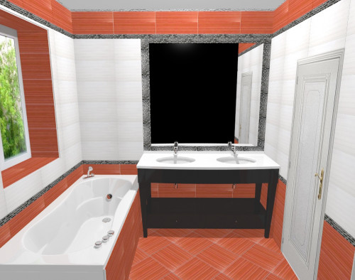 Ванная комната с окном: красный + белый + цветочное панно