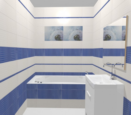 Ванная в современном стиле: сине-белое сочетание и панно с одуванчиками