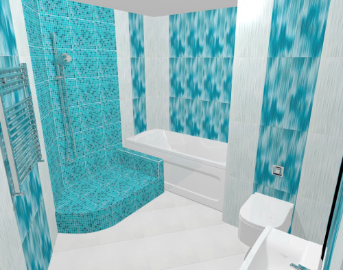 Идея интерьера бело-голубой ванной комнаты с душевой