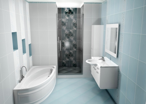 Интерьер бело-голубой ванной комнаты