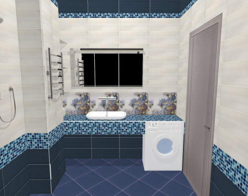 Интерьер сине-белой ванной комнаты: мозаика и цветочные панно
