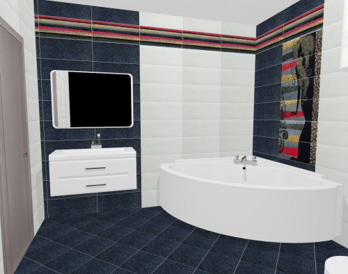 Интерьер ванной: яркие полосы и стильное панно на сине-белом фоне