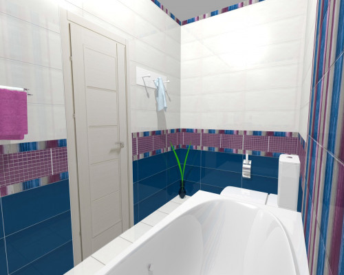 Синий и бордовый: яркий полосатый интерьер в ванной