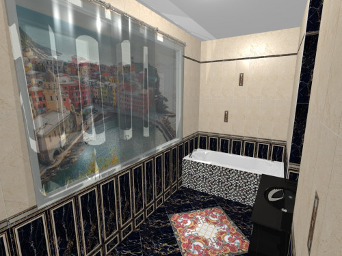 Современная версия дворцового стиля: кафель под черный и белый мрамор в ванной