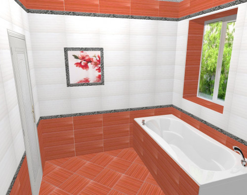 Ванная комната с окном: красный + белый + цветочное панно