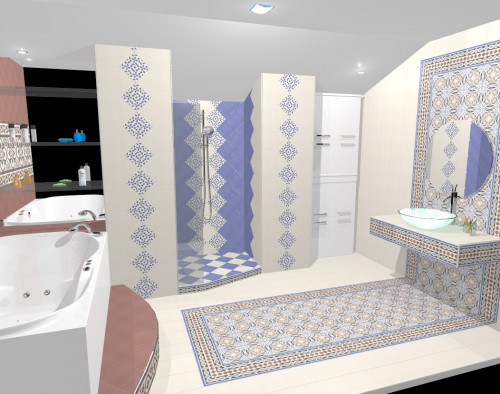 Ванная в восточном стиле: орнаменты на белом, синем и бордовом фоне