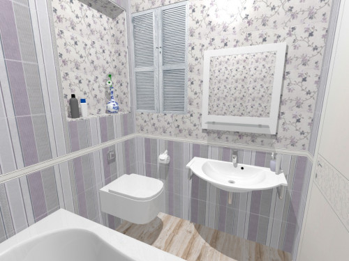 Современный «прованс» в ванной: бело-серо-лиловый + цветы и полоска