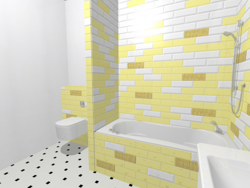 Стильная светлая ванная: белый и желтый с медовой мозаикой