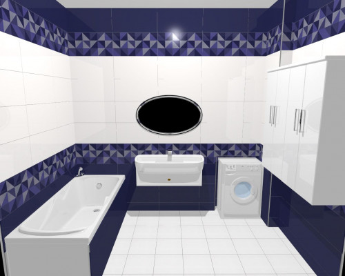 Бело-синяя абстракция: контрастная ванная