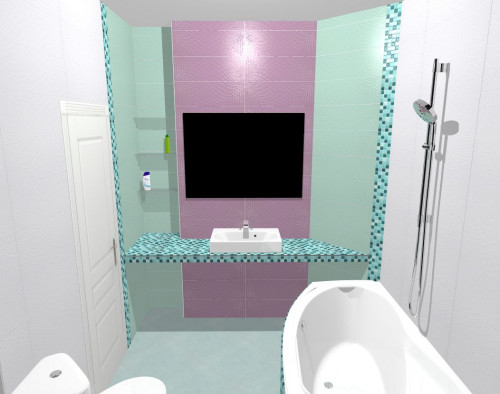 Белый , бирюзовый и фиолетовый: яркое трио в интерьере ванной
