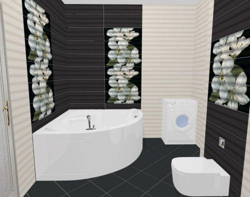 Cтильный черно-белый интерьер ванной с цветочными панно