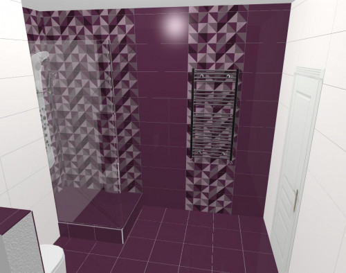 Гламурный стиль в ванной: фиолетовый и белоснежный с геометрическими узорами