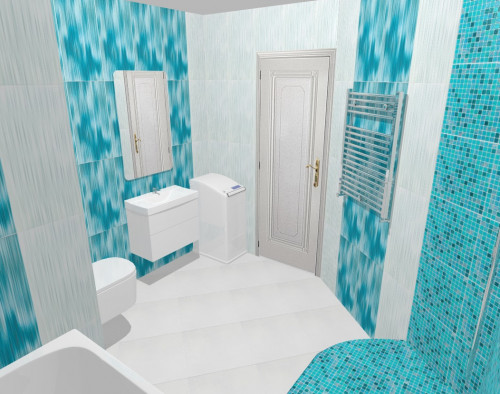 Идея интерьера бело-голубой ванной комнаты с душевой