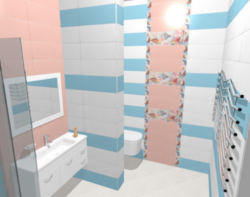 Идея интерьера ванной для влюбленных: сочетание белого, голубого и кораллового оттенков