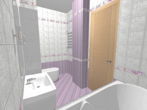 Романтичная классика: фиолетово-серые цветы и полоска в ванной