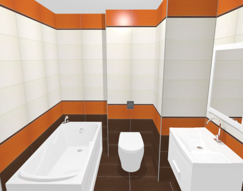 Санузел в современном стиле: белый, оранжевый и коричневый — эффектное трио
