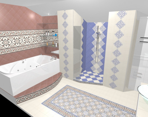Ванная в восточном стиле: орнаменты на белом, синем и бордовом фоне