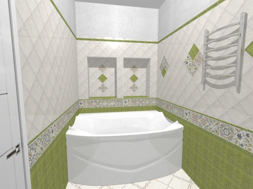 Винтаж и кантри: просторная ванная в бело-зеленых тонах с цветочным декором