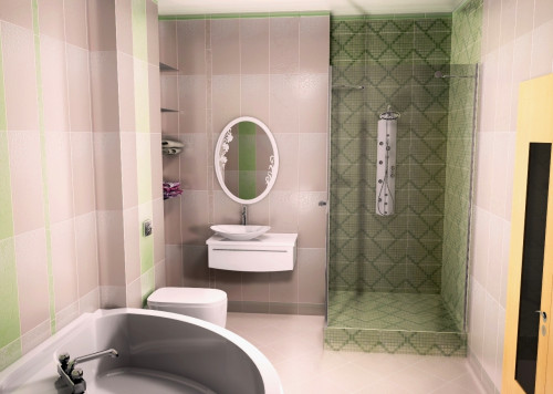 Актуальный интерьер ванной комнаты: розовый и зеленый