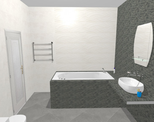 Черная мозаика и белая плитка в ванной в стиле хай-тек