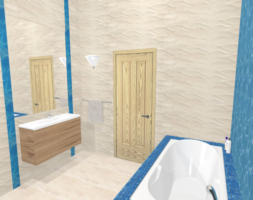 Дизайн интерьера ванной в эко-стиле: песочный и голубой