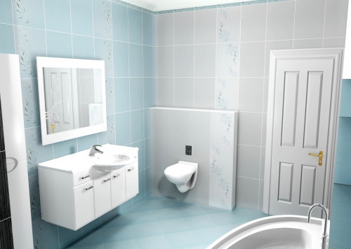 Интерьер бело-голубой ванной комнаты