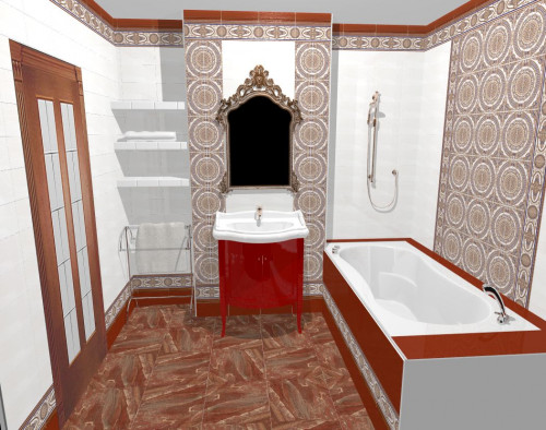 Красный и белый с восточным узором: роскошная ванная комната