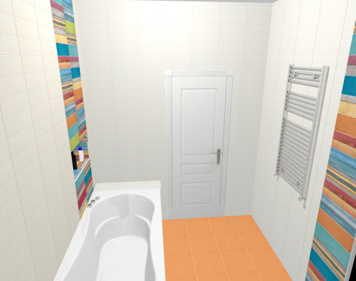 Микс из цветных полосок в белой ванной с оранжевым полом