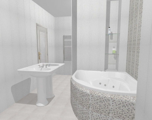 Винтажный стиль в интерьере ванной: серые цветы и мозаика на белом фоне