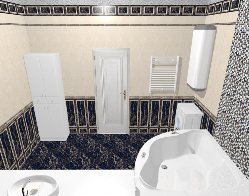 Дизайн интерьера просторной ванной комнаты в черно-кремовых тонах