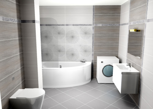 Элегантная серо-белая ванная комната с плиткой «под дерево»