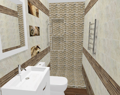 Имитация природных материалов в интерьере ванной: серо-бежевая палитра