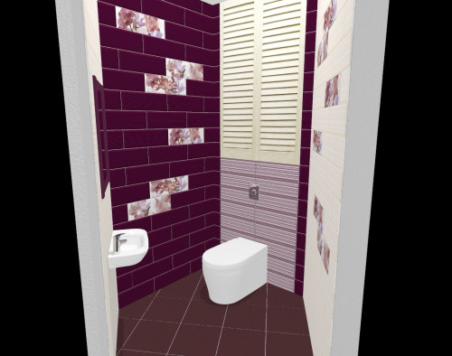 Интерьер туалета в современном стиле: бордовый цвет, полоска и цветы