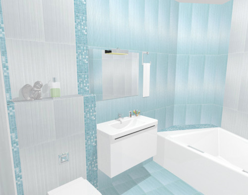Светло-голубые тона в просторной ванной комнате