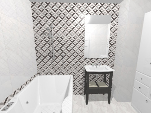 Светло-серый фон и черно-белый орнамент — современный стиль в ванной