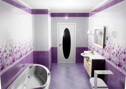 Ванная комната в стиле «романтик»: фиолетовые ромбы и белые розы