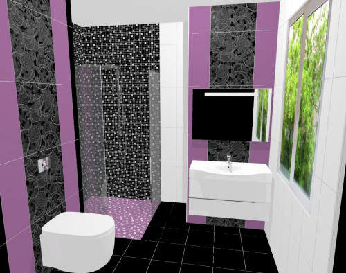 Великолепное трио в интерьере ванной — черный, белый и лавандовый